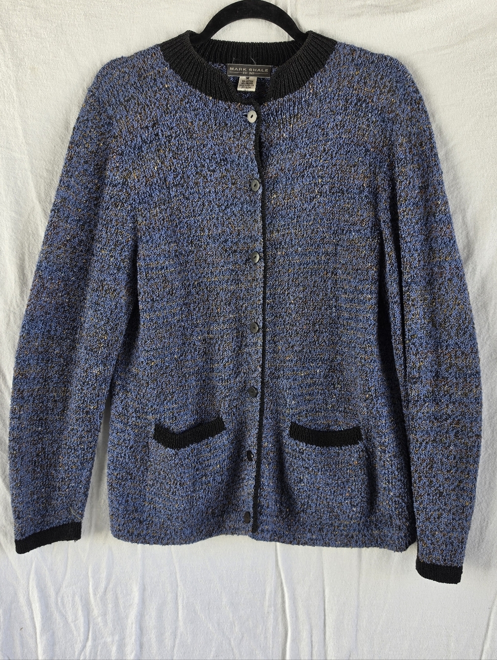 Mark Shale Blue Black Marled Cardigan Womens M Made in Bolivia